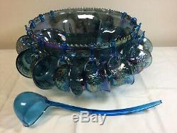VINTAGE BLUE CARNIVAL INDIANA GLASS GRAPE PUNCH BOWL SET 16 Cups Ladle Hooks