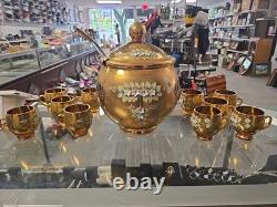 VINTAGE Bohemian Czech Hand Painted Gold Tone Glass Punch Bowl Lid & 10 Mugs VINTAGE Bohemian Czech Hand Painted Gold Tone Glass Punch Bowl Lid & 10 Mugs