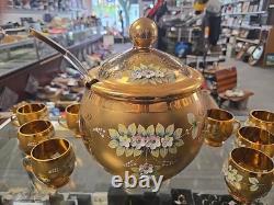 VINTAGE Bohemian Czech Hand Painted Gold Tone Glass Punch Bowl Lid & 10 Mugs VINTAGE Bohemian Czech Hand Painted Gold Tone Glass Punch Bowl Lid & 10 Mugs