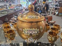VINTAGE Bohemian Czech Hand Painted Gold Tone Glass Punch Bowl Lid & 10 Mugs VINTAGE Bohemian Czech Hand Painted Gold Tone Glass Punch Bowl Lid & 10 Mugs