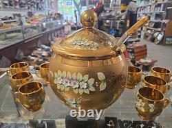 VINTAGE Bohemian Czech Hand Painted Gold Tone Glass Punch Bowl Lid & 10 Mugs VINTAGE Bohemian Czech Hand Painted Gold Tone Glass Punch Bowl Lid & 10 Mugs