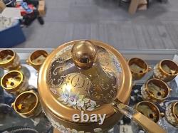 VINTAGE Bohemian Czech Hand Painted Gold Tone Glass Punch Bowl Lid & 10 Mugs VINTAGE Bohemian Czech Hand Painted Gold Tone Glass Punch Bowl Lid & 10 Mugs