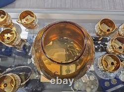 VINTAGE Bohemian Czech Hand Painted Gold Tone Glass Punch Bowl Lid & 10 Mugs VINTAGE Bohemian Czech Hand Painted Gold Tone Glass Punch Bowl Lid & 10 Mugs