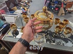 VINTAGE Bohemian Czech Hand Painted Gold Tone Glass Punch Bowl Lid & 10 Mugs VINTAGE Bohemian Czech Hand Painted Gold Tone Glass Punch Bowl Lid & 10 Mugs