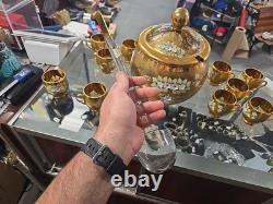 VINTAGE Bohemian Czech Hand Painted Gold Tone Glass Punch Bowl Lid & 10 Mugs VINTAGE Bohemian Czech Hand Painted Gold Tone Glass Punch Bowl Lid & 10 Mugs