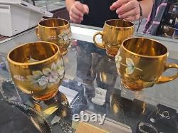 VINTAGE Bohemian Czech Hand Painted Gold Tone Glass Punch Bowl Lid & 10 Mugs VINTAGE Bohemian Czech Hand Painted Gold Tone Glass Punch Bowl Lid & 10 Mugs