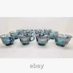VINTAGE CARNIVAL GLASS BLUE IRIDESCENT GRAPE & LEAF PUNCH BOWL CUPS set of 12