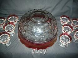 VINTAGE CRANBERRY KINGS CROWN PUNCH BOWL SET BY INDIANA GLASS With12 FOOTED CUPS