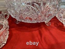 VINTAGE-CRYSTAL Footed DAISY & BUTTON PUNCH BOWL SET 9 CUPS