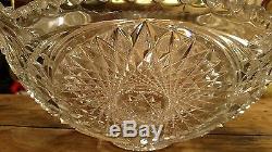 Vintage Crystal Glass Cut Punch Bowl With Cups