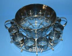 VINTAGE Dorothy Thorpe Vitreon Silver Band Punch Bowl with 12 Glasses & Caddie