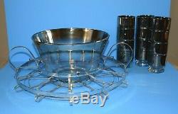 VINTAGE Dorothy Thorpe Vitreon Silver Band Punch Bowl with 12 Glasses & Caddie