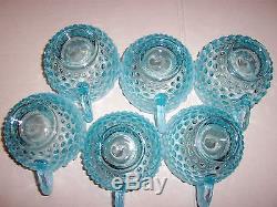 VINTAGE FENTON BLUE OPALESCENT HOBNAIL GLASS PUNCH BOWL SET