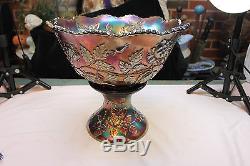Vintage Fenton Wreath Of Roses Amethyst Iredescent Carnival Glass Punch Bowl