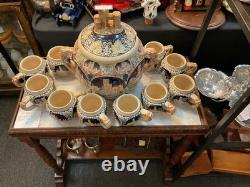 VINTAGE GERMAN PUNCH BOWL SET WITH CASTLE DESIGN 10 Cups