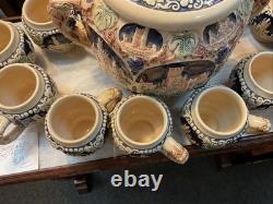 VINTAGE GERMAN PUNCH BOWL SET WITH CASTLE DESIGN 10 Cups