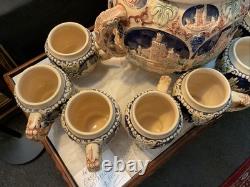 VINTAGE GERMAN PUNCH BOWL SET WITH CASTLE DESIGN 10 Cups