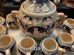 VINTAGE GERMAN PUNCH BOWL SET WITH CASTLE DESIGN 10 Cups