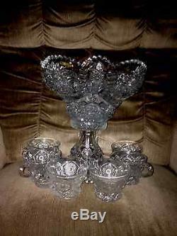 Vintage Hand Cut Crystal Punch Bowl / W 11 Cups