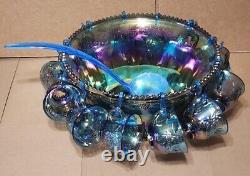 VINTAGE INDIANA IRIDESCENT BLUE CARNIVAL GLASS PRINCESS PUNCH BOWL SET w 12 CUPS