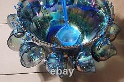 VINTAGE INDIANA IRIDESCENT BLUE CARNIVAL GLASS PRINCESS PUNCH BOWL SET w 12 CUPS