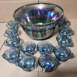 VINTAGE INDIANA IRIDESCENT BLUE CARNIVAL GLASS PRINCESS PUNCH BOWL SET w 12 CUPS