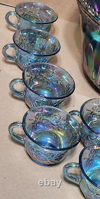 VINTAGE INDIANA IRIDESCENT BLUE CARNIVAL GLASS PRINCESS PUNCH BOWL SET w 12 CUPS