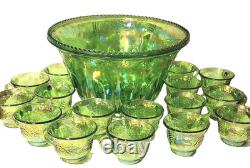VINTAGE IRIDESCENT GREEN CARNIVAL INDIANA GLASS PUNCH BOWL SET With16