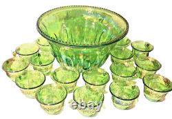 VINTAGE IRIDESCENT GREEN CARNIVAL INDIANA GLASS PUNCH BOWL SET With16