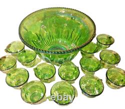 VINTAGE IRIDESCENT GREEN CARNIVAL INDIANA GLASS PUNCH BOWL SET With16