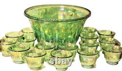 VINTAGE IRIDESCENT GREEN CARNIVAL INDIANA GLASS PUNCH BOWL SET With16