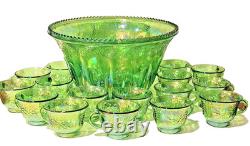 VINTAGE IRIDESCENT GREEN CARNIVAL INDIANA GLASS PUNCH BOWL SET With16