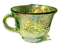 VINTAGE IRIDESCENT GREEN CARNIVAL INDIANA GLASS PUNCH BOWL SET With16