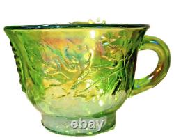 VINTAGE IRIDESCENT GREEN CARNIVAL INDIANA GLASS PUNCH BOWL SET With16