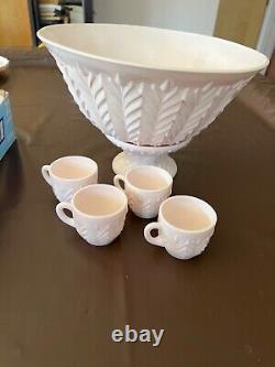 VINTAGE JEANETTE PINK MILK GLASS Punch Bowl with 28 Cups Set