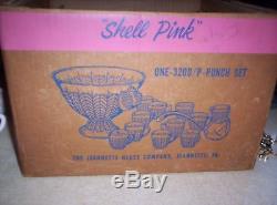 VINTAGE JEANETTE SHELL PINK GLASS 3200 PUNCH BOWL SET 12 Cups, Ladle Hooks & box