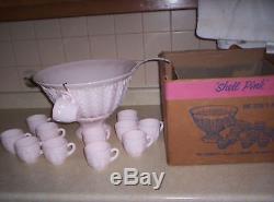 VINTAGE JEANETTE SHELL PINK GLASS 3200 PUNCH BOWL SET 12 Cups, Ladle Hooks & box
