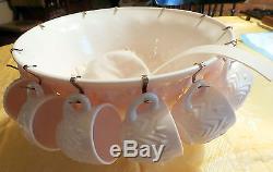 Vintage Jeannette Glass Shell Pink Milk Glass Feather Pattern Punch Bowl Set