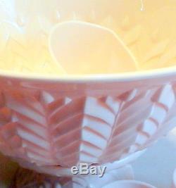 Vintage Jeannette Glass Shell Pink Milk Glass Feather Pattern Punch Bowl Set