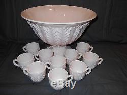 VINTAGE Jannette Pastel Pink Milk Glass Punch Bowl Set 10 Cups