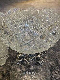 VINTAGE L. E. SMITH PRESSED GLASS DAISY AND BUTTON PUNCHBOWL GOLD STAND/12cups