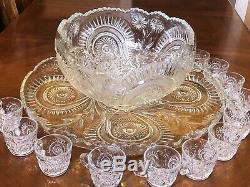 VINTAGE L. E. Smith CUT GLASS PINWHEEL & STARS PUNCH BOWL, UNDERPLATE & 12 CUPS