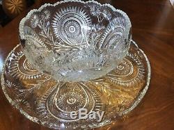 VINTAGE L. E. Smith CUT GLASS PINWHEEL & STARS PUNCH BOWL, UNDERPLATE & 12 CUPS