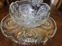 VINTAGE L. E. Smith CUT GLASS PINWHEEL & STARS PUNCH BOWL, UNDERPLATE & 12 CUPS