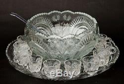 VINTAGE L E Smith Glass Slewed Horseshoe Punch Bowl+Under Plate+14 Cups