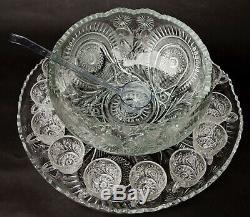 VINTAGE L E Smith Glass Slewed Horseshoe Punch Bowl+Under Plate+14 Cups
