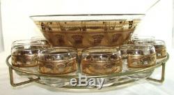 VINTAGE MCM CULVER PUNCH BOWL & 12 CUPS & LADLE & STAND Gold Trim Glass