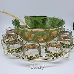 VINTAGE MID-CENTURY RARE CULVER HEARTS Green with Gold Trim PUNCH BOWL SET