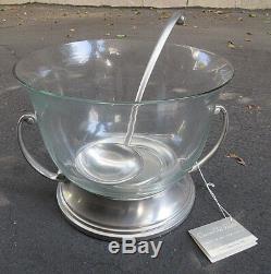 VINTAGE QUEEN ART BROOKLYN PEWTER GLASS PUNCH BOWL wLADLE DRIP BASE wHANDLES