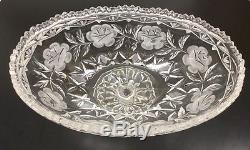 VINTAGE ROSE PATTERN CRYSTAL GLASS SMALL OVAL PUNCH BOWL